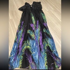 Maxi Dress with Multi-Color Feather Print - Black